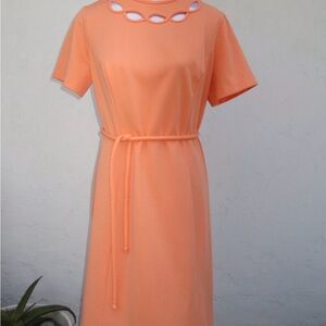 Vintage Peach Midi Dress with Cutout Neckline and Tie Belt